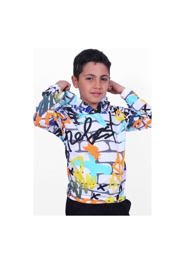 Beyaz Desenli Kapşonlu Unisex Sweatshirt Beyaz