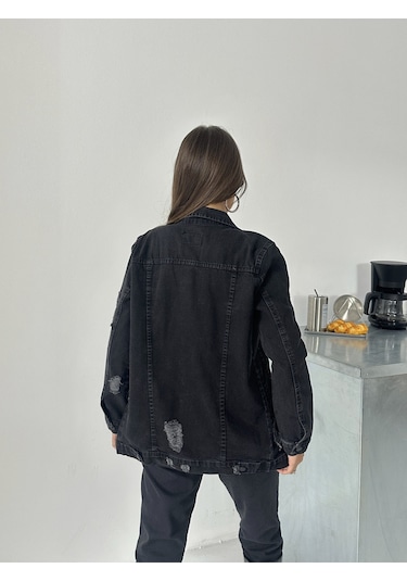 Blue Marlin Kadın Siyah Lazer Yirtik Detayli Boyfriend Kot Ceket Siyah