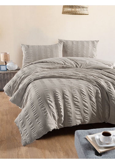 Seersucker Çift Kişilik Nevresim Takımı Bej Kutulu Bej