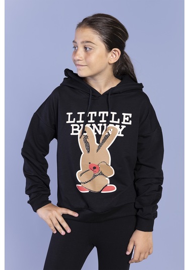Toontoy Kız Çocuk Tavşan Baskılı Kapüşonlu Sweatshirt Siyah