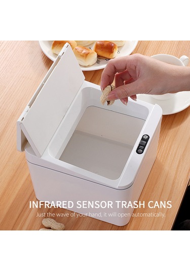Yunboo Beyaz 6l Dikdörtgen Akıllı Entegre Sensörlü Masaüstü/araç İçin Çöp Kutusu - Kapatıcı Kapağı, Otomatik Açılma, Pilli Pil Yok Beyaz