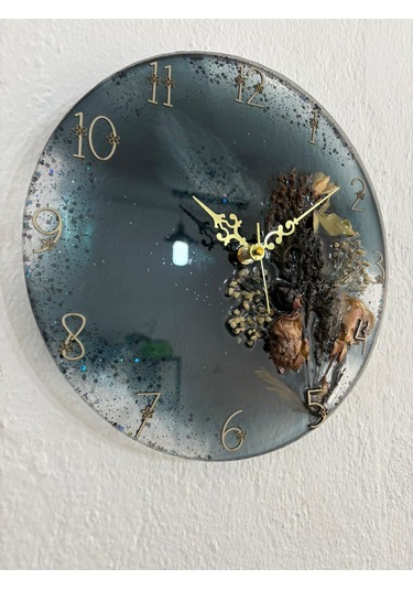 Pelince - Kuru Gül Ve Doğal Çiçekli - Siyah - Epoksi Duvar Saati Özel Tasarım - Tek Üretim - 30 Cm Siyah