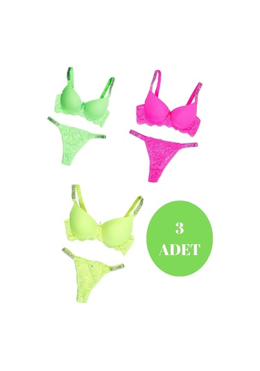 Murays Kadın 3lü Taşlı Mikro Sütyen Takım Yeşil/pembe/sarı