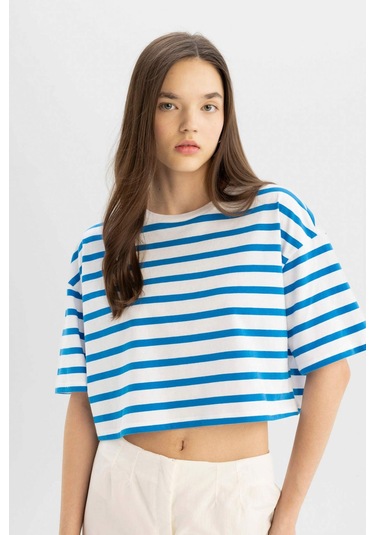 Defacto Coool Fitted Çizgili Kısa Kollu Tişört A9046AX24SMBE439 Mavi