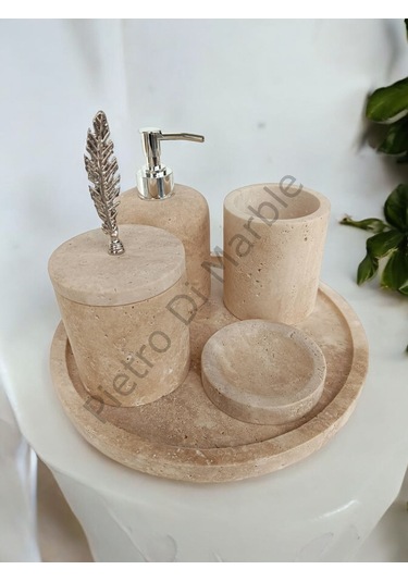 Sarı Traverten Klasik Model 5 Parça Gümüş Renk Kuş Tüyü Aksesuarlı Banyo Seti Sarı Traverten