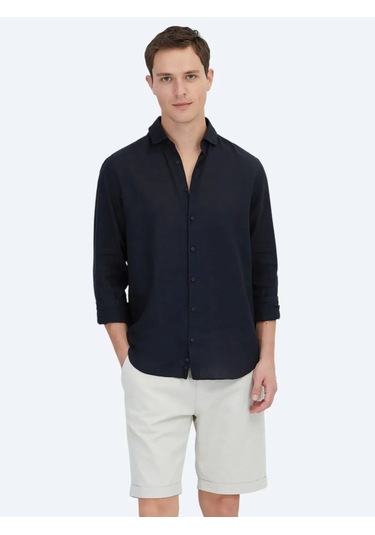 Siyah Düz Dokuma Casual Pamuk Karışımlı Gömlek Siyah