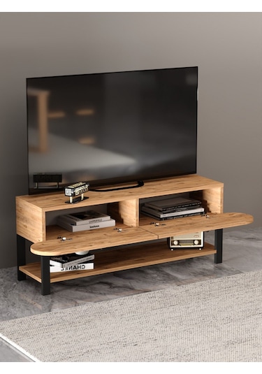 Tv Sehpası Tv Ünitesi Kapaklı Raflı Setro Atlantik Çam Kahverengi