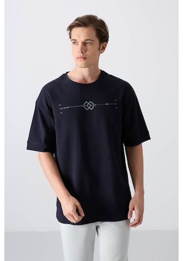 Tommy Life Lacivert Pamuklu Kalın Yumuşak Dokulu Oversize Fit Baskılı Erkek T-shirt - 88323 Lacivert