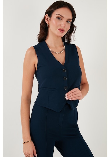 Lela Streç Fitted Fit V Yaka Düğmeli Bayan Yelek 5865971 Lacivert