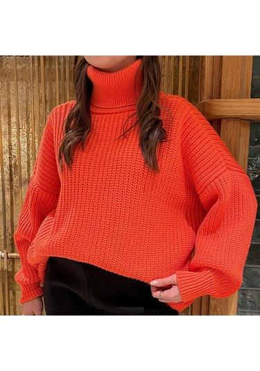 Vintage Büyük Boy Örme Kazak Kadın Zarif Kalın Gevşek Kazak Kazaklar Kadın Kore Balıkçı Yaka Düz Örgü Üst Turuncu