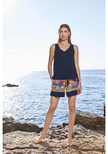 Monamise Kadın Çiçek Desenli Askılı 3'lü Alt Üst Takım 25056 Lacivert