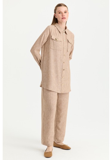 Esswaap Çift Cep Detaylı Pantolonlu Takım Camel Camel
