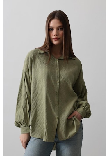 Çizgili Uzun Kol Gömlek - Haki Karışık Çok Renkli