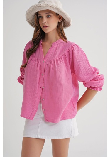4733 Kadın Büzgü Robalı Uzun Kol Müslin Gömlek Pembe Pembe