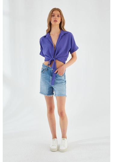 4230 Kadın Bağlamalı Yazlık Keten Gömlek Lila Lila