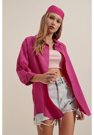 Bigdart 3900 Oversize Uzun Basic Gömlek - Koyu Pembe 001