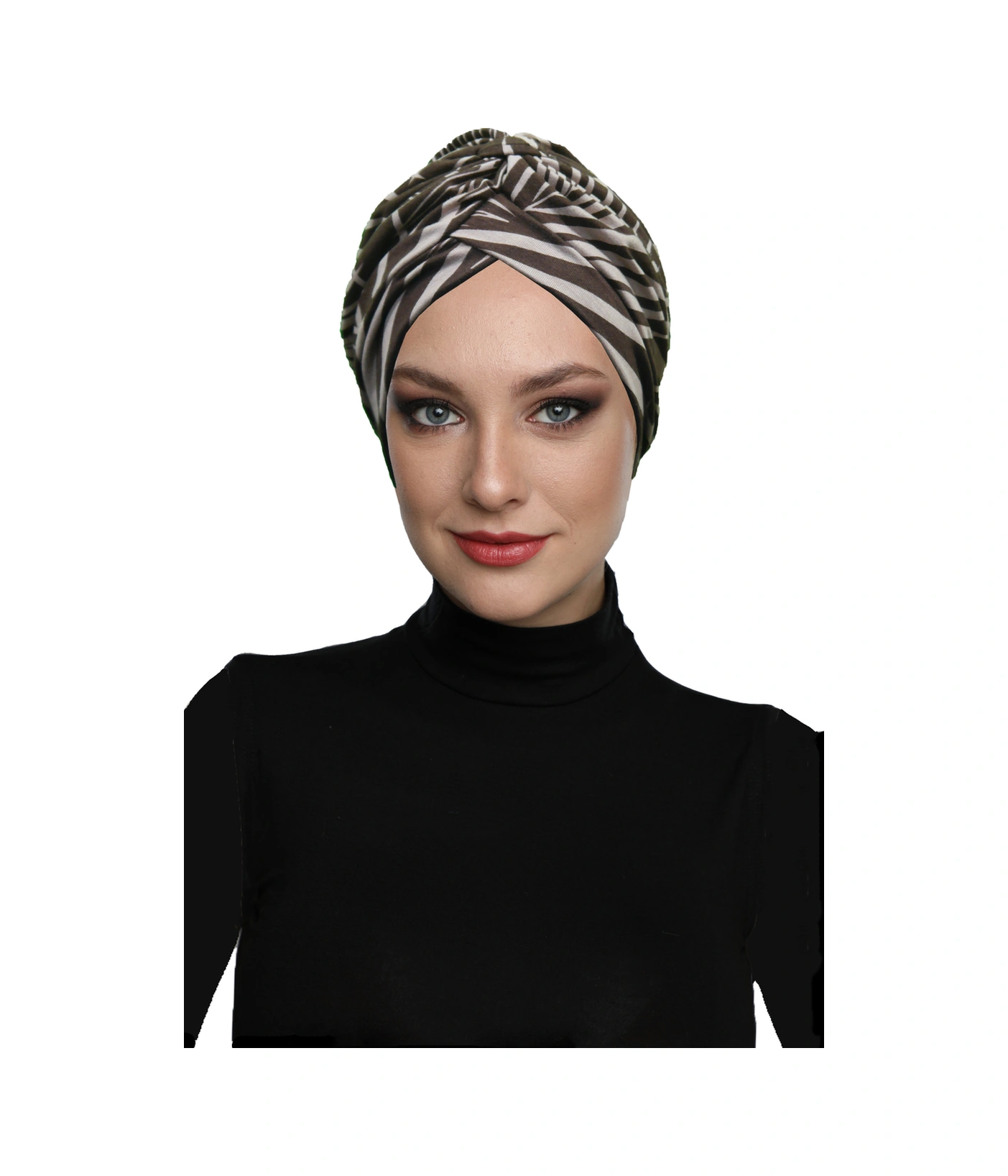 Zebra Luxe Desenli Çapraz Ve Bant Detaylı Astarlı Hazır Türban Tesettür Havuz Bonesi Kahverengi-bej