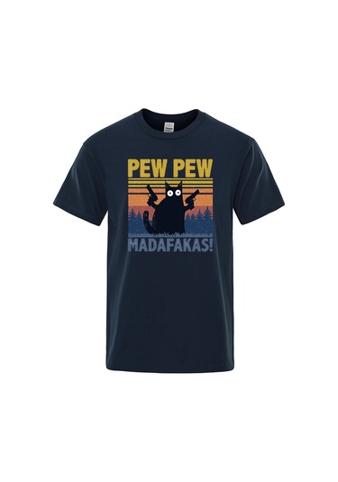 Teekossc Pew Pew Madafakas Erkek Kısa Kollu Komik Kedi T-shirt Vintage Yazlık Ekip Üstü Streetwear Chınalacivert Lacivert