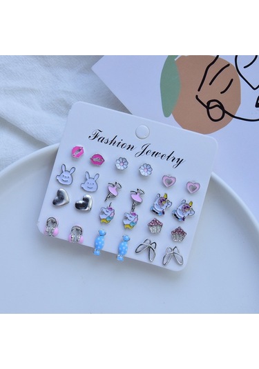 Chavin Çocuk Genç 12 Çift Mineli Figür Küpe Seti es95 Çok Renkli