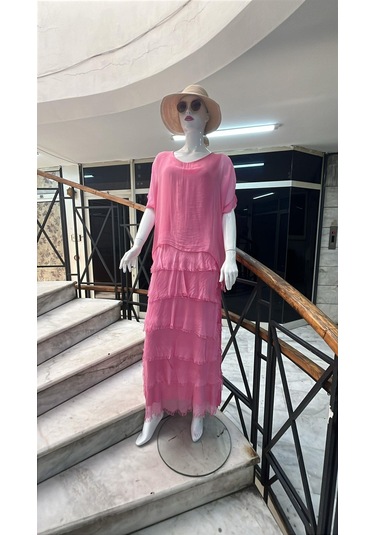İtalyan 2 Beden Ince Gösteren Yarım Kol Kat Kat Ipek Elbise Pembe