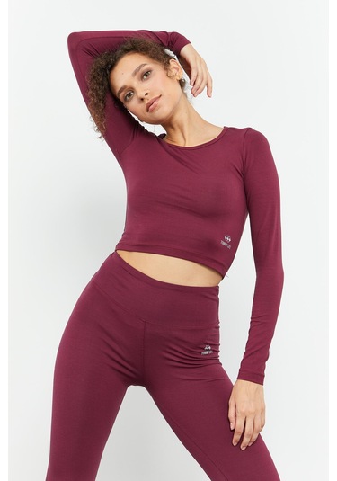 Tommy Life Bordo Uzun Kollu Dar Kalıp O Yaka Kadın Crop Top T-shirt - 97150 Bordo
