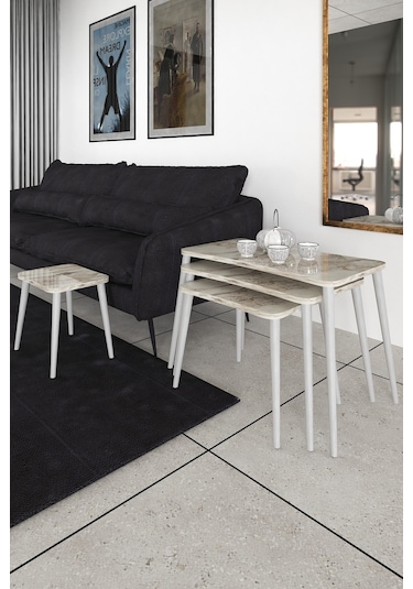 Selen 4lü Zigon Sehpa Ahşap Beyaz Ayaklı Salon Seti Çay Sehpası Beyaz Mermer