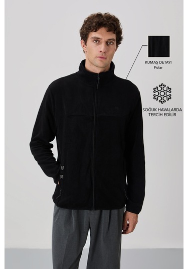 Tommy Life Siyah Yazı Nakışlı Dik Yaka Fermuarlı Standart Kalıp Erkek Sweatshirt Polar - 87992 Siyah