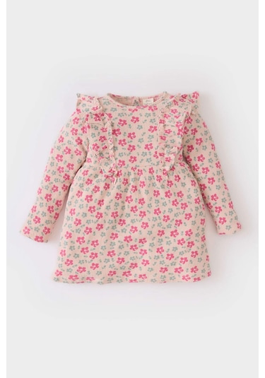 DeFacto Kız Bebek Çiçekli Uzun Kollu Waffle Elbise D9563A525SPBR476 Bordo