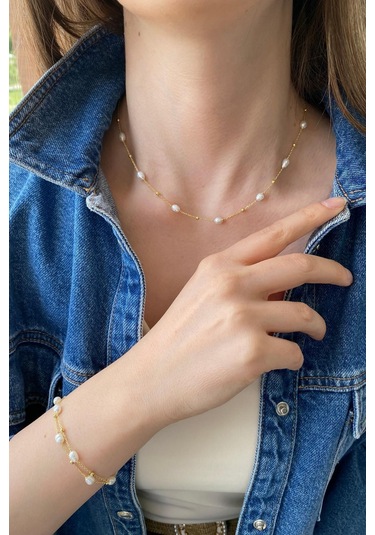 Kadın Dorika Toplu Doğal İnci Kolye Bileklik İkili Set 45 Cm / Sarı Gümüş