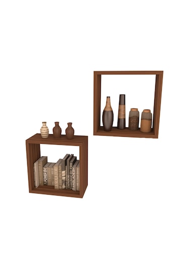 Rafkestir 2 Li Kare Raf Set Hareli Ceviz (Mat)