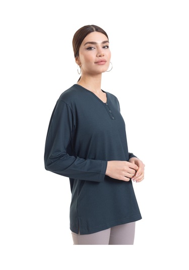Kadın Orta Yaş ve Üzeri Dört Mevsim V Yaka Rahat Kalıp Likralı Viskoz Anne Penye Bluz 140-Koyu Yeşil