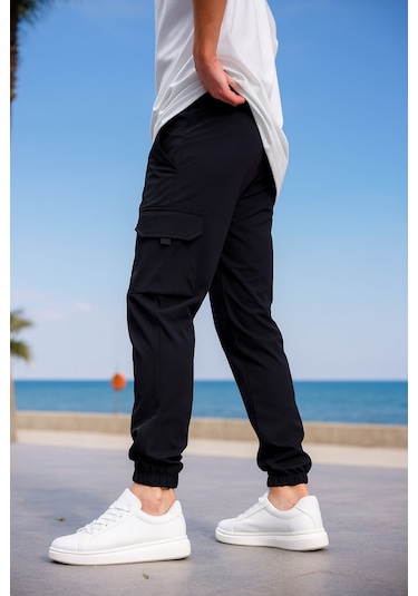 Kargo Cepli Paraşüt Kumaş Siyah Renk Erkek Pantolon-1817 Siyah
