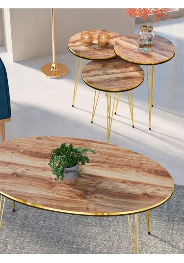 Zigon Sehpa Ve Orta Sehpa Elips Set Çift Gold Ceviz Tel