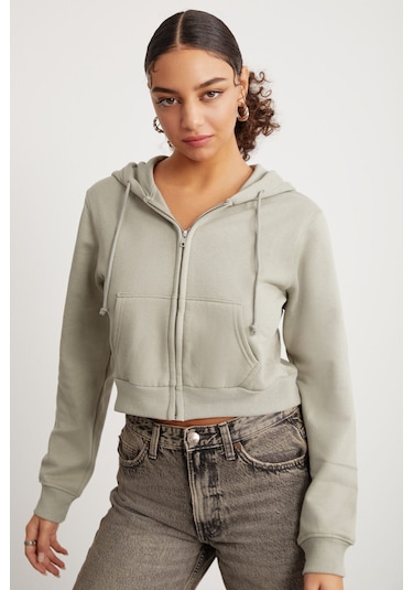 Delıa Kadın Crop 3 Iplik Şardonlu Örme Relaxed Fit Fermuarlı Kapüşonlu Çağla Yeşili Sweatshirt