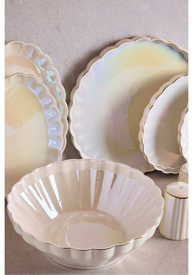 İstanbul Pearl 29 Parça 6 Kişilik Porselen Yemek Takımı Parlak Sedefli Servis Seti Beyaz Beyaz