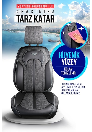 Füme - Gri Panda Sevılla Serısı Keten Kumaş Oto Koltuk Kılıfı - Tam Set