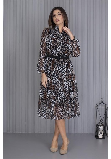 Neşeli Butik Kadın Kemerli Yeni Sezon Midi Boy Desenli Şifon Elbise Apcx04 Çok Renkli