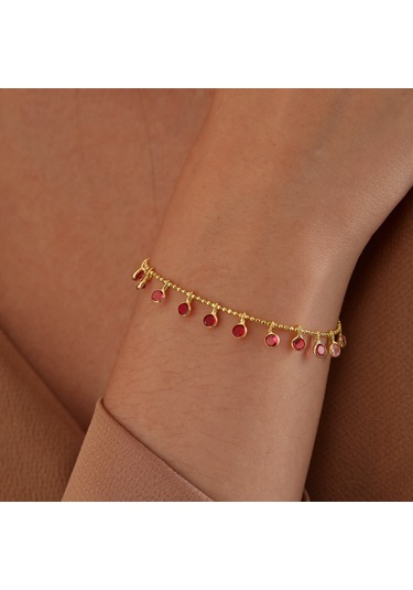 Queen Silver Jewelry 925 Ayar Gümüş Kırmızı Renk Geçişli Top Zincirli Bileklik Altın