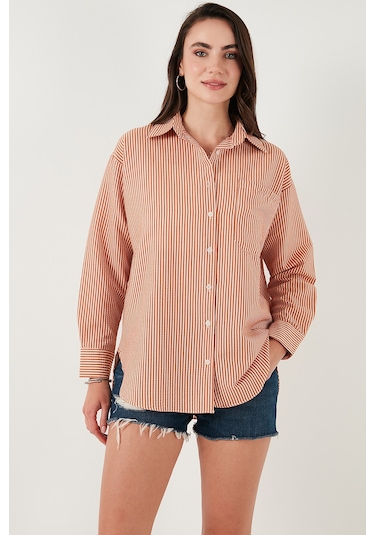 Lela Regular Fit Uzun Kollu Cepli Çizgili Bayan Gömlek 6772895 Kiremit