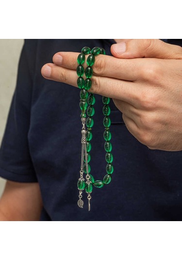 Gümüş Püsküllü Yeşil Ateş Kehribar Tesbih Sl12501 Gümüş