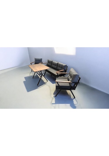 Pi Locca Bahçe Balkon Mobilyası Antrasit Gri 3+1+1 Perla Çam Masa Antrasit - Gri