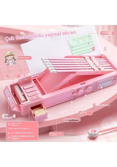 Maoyaya Şifreli Kutusu Kutusu Kırtasiye Kilit Kalem Fonksiyonlu Çok Çift Ug Pembe