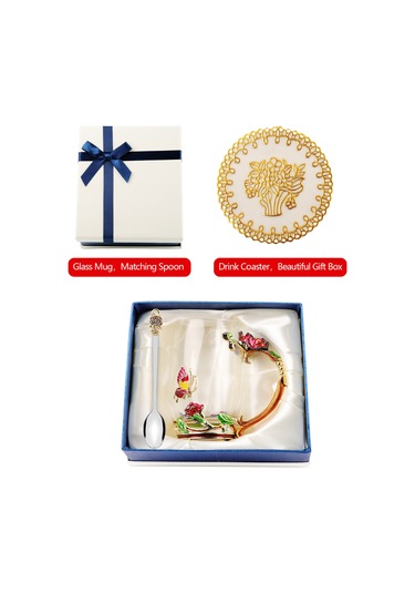 Neevoyu Kırmızı Cam Çay Bardağı Seti 350ml - Floral Desenli, Isı Yalıtımı, Kaşık+temizlik Bezi+hediye Kutusu İle - Açık Renkli Zümrüdüanka Desenli Ev Dekorasyonu Ve Çay Zevki Çok Renkli