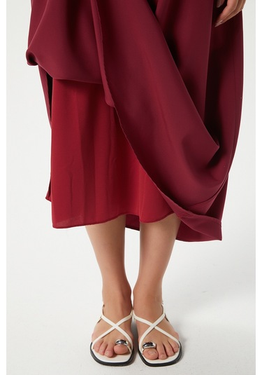 Kadın Seaside Bordo Astarlı Bel Lastikli Cepli Dokuma Uzun Etek Bordo