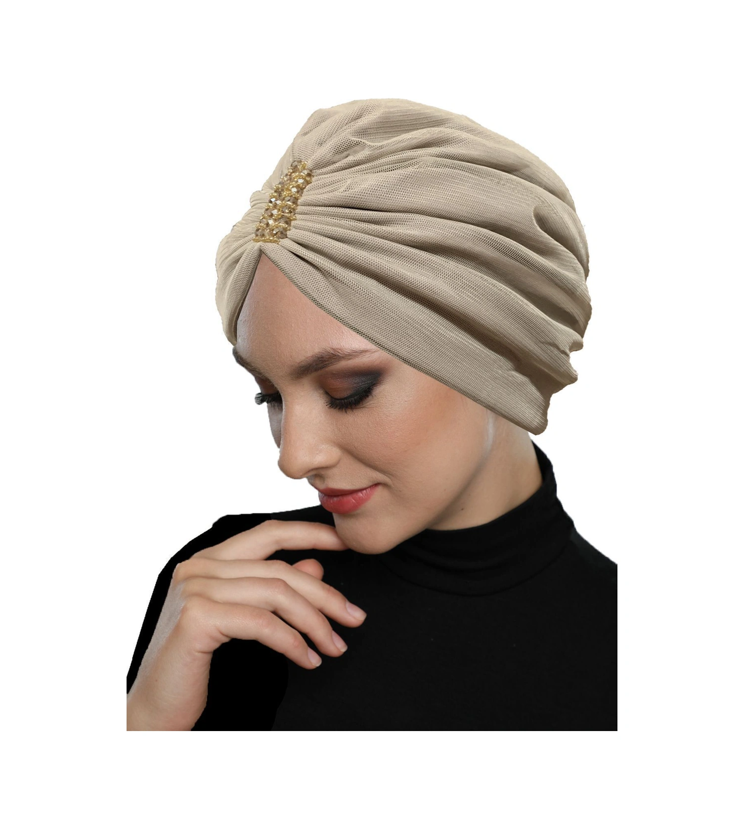 Dizayn Tüllü Kristal Taş İşlemeli Çift Taraflı Astarlı Açık Bej Hazır Türban Tesettür Abiye Bone. Açık Bej