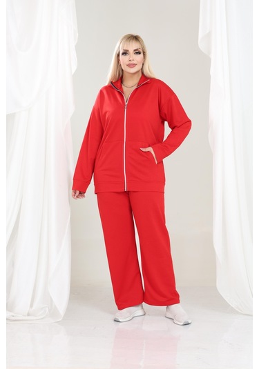 Kadın Büyük Beden Fermuarlı Uzun Kollu Rahat Günlük Eşofman Takım Kırmızı
