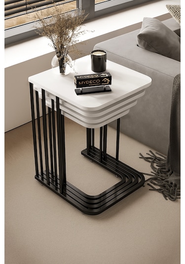 4'lü Tekerlekli Zigon Sehpa Siyah Ayak Beyaz 18mm Mdf