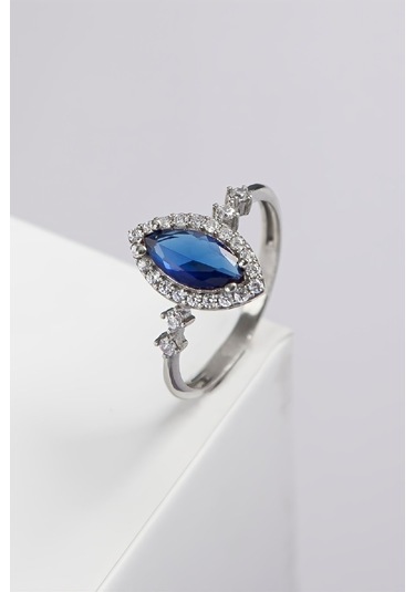 Parliement Mavisi Mekik Taşlı 925 Ayar Gümüş Bayan Yüzük -7971