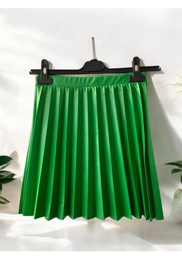 Kız Çocuk Beli Lastikli Pileli Deri Etek-14412 Yeşil