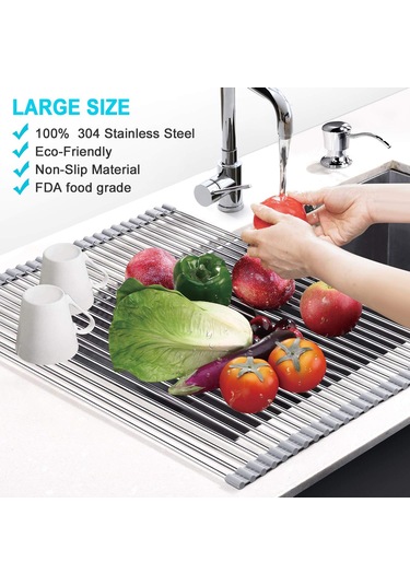 Fosenze Katlanabilir Silikonlu 304 Paslanmaz Çelik Bulaşık Kurutma Raftı, Meyve Ve Sebze Askısı, Çok Amaçlı Mutfak Aksesuarı Gri
